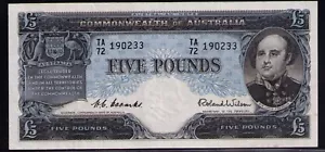 Australia R-49 (1954) 5 Pounds - Coombs / Wilson Commonwealth Bank VERY Fine