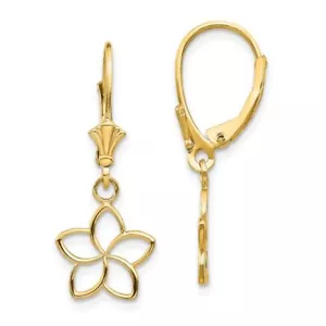 14K Solid Yellow Gold Flower Dangle Earrings - Picture 1 of 5