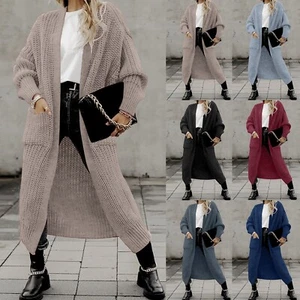 Women's Solid Sweater Cardigan Long Sleeve Pockets Knitted Loose Long Jackets - Picture 1 of 39