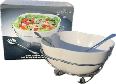 Godinger Silver Art 12” Diameter Porcelain Salad Bowl + Rack Spoons NEW OPEN BOX - Image 1 of 4