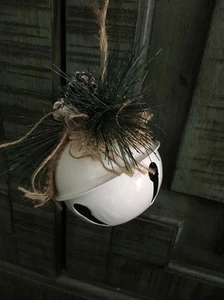 Rustic Farmhouse Jingle Bell ,White Burlap,Pine Christmas Ornament. 3 1/2” - Picture 1 of 2