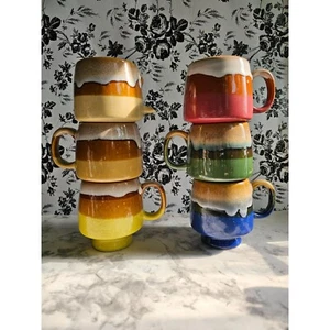 Vintage MCM Set Of 6 Stackable Mugs Striped Drip Glaze 3" x 4" - Picture 1 of 11