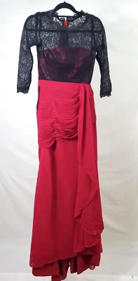 Size 4 Grace Karin Black Lace 3/4 Sleeve Red Chiffon Floor Length Evening Gown - Image 1 of 4