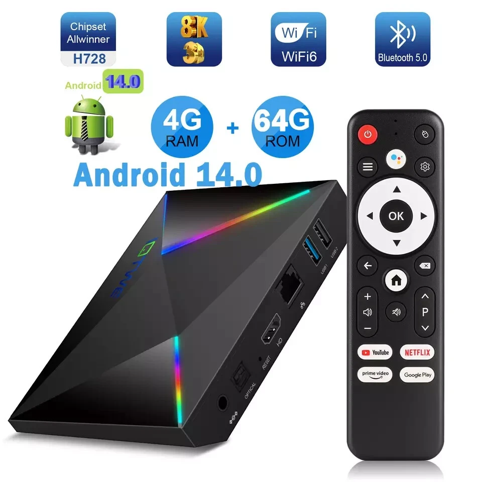 2025 NEW Smart TV BOX Android 14 4/64GB 2.4G/5G WIFI6 Media Player Octa Core - Image 1 of 4