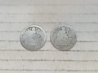 1858 & 1890? Seated Liberty Dimes Lot 90% Silver Cull Philadelphia (Set of 2) - Image 1 of 2