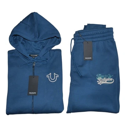 True Religion 2 PC Sweatsuit Men's Size L Tracksuit Hoodie Outfit Malibu Blue - Image 1 of 4