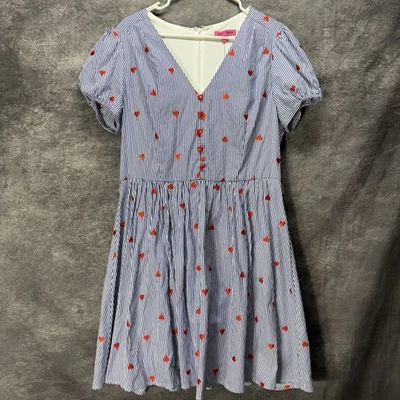 Betsey Johnson Fit Flare Mini Dress Sz 14 Blue White Striped Embroidered Hearts - Image 1 of 4