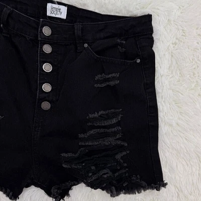 Pantalones Cortos Denim Simple Society Distressed Negros Botón Mosca Rasgados Para Mujer 15/32 Foto 1 de 4