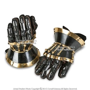 Black Functional Large 16G Steel Princely Hourglass Gauntlets Leather Glove SCA - Picture 1 of 5