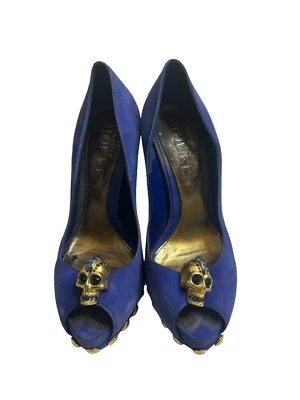 Alexander McQueen Blue Suede Skull Studded Platform Peep Heels 36 - Image 1 of 4