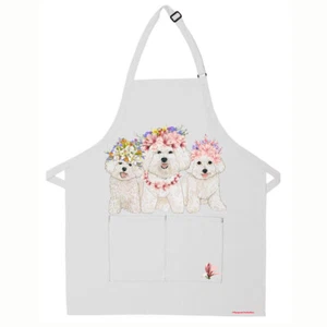 Bichon Frise Floral Apron Two Pocket Bib Apron with Adj Neck - Picture 1 of 1