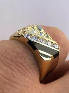 14k Gold Plated 925 Silver Nugget Black Onyx Iced Simulated Diamond Ring Hip Hop - Picture 1 of 11