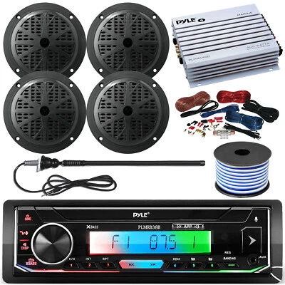 Pyle PLMRB38B Receiver, 4x 5.25'' Speakers, 4CH Amp w/ Wiring Kit, Wire, Antenna - Image 1 of 4