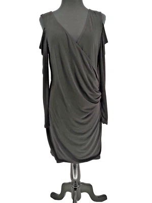 Venus Woman Black Jersey Ruched Faux Wrap Dress Size Large Stretch Cold Shoulder - Image 1 of 4