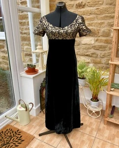 Vintage Handmade Black Velvet & Metallic Gold Lame Evening Maxi Dress Retro UK10 - Picture 1 of 5