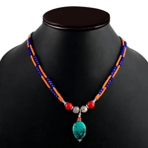 Turquoise, Coral, Lapis Gemstone Tibetan 925 Sterling Silver Necklace Jewelry18" - Picture 1 of 5