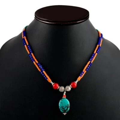 Turquoise, Coral, Lapis Gemstone Tibetan 925 Sterling Silver Necklace Jewelry18" - Image 1 of 4