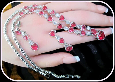 Ruby heart cut gemstone ladies 925 silver necklace Earring set party wedding - Image 1 of 4