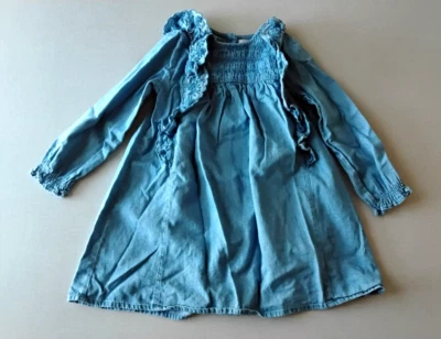 Zara Girls Denim Dress 4-5 Smocked Ruffle Yoke Embroidered Boho Prairie Cute - Image 1 of 4