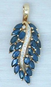 1.20Ctw Natural Diamond Blue Sapphire 14K Solid Gold Art Deco Pendant - Picture 1 of 4