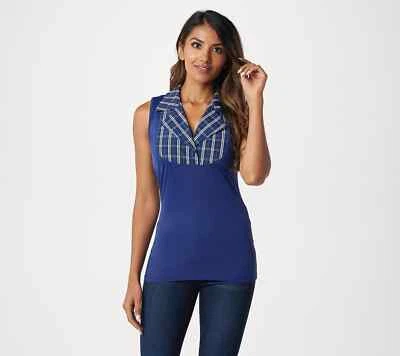 Kathleen Kirkwood Dictrac-Ease Notch Collar Top Blue Plaid Large - Image 1 of 3