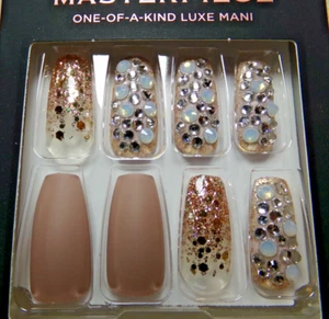 KISS Masterpiece Luxe mani NAILS GLUE ON Matte Light Brown Jeweled LONG - Picture 1 of 4