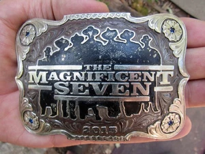 Vtg MAGNIFICENT 7 Belt Buckle 2015 Denzel Western Movie CREW Poster ART RARE VG+ - Picture 1 of 4