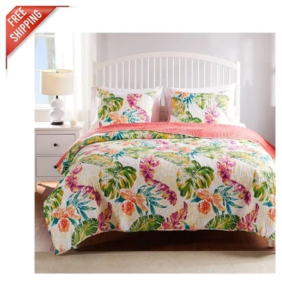 Lujoso juego de edredón tropical coralino de 3 piezas para completo/queen, lavable a máquina Foto 1 de 4