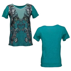 DG2 Diane Gilman Mesh Front Jersey Knit Layered Tee Shirt 16-18 XL Teal 648-405 - Picture 1 of 7