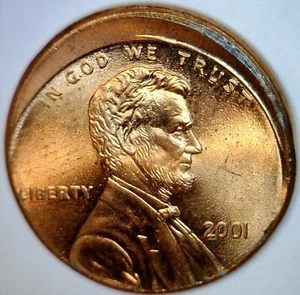 2001 ERROR OFF CENTER Lincoln Cent NICE BU + RED O/C Coin FREE SHIP - Picture 1 of 2