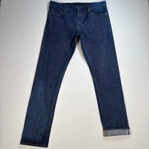 Uniqlo Kaihara Selvedge Jeans Men 36x33 Blue Slim Straight Japanese Denim *Stain - Picture 1 of 23