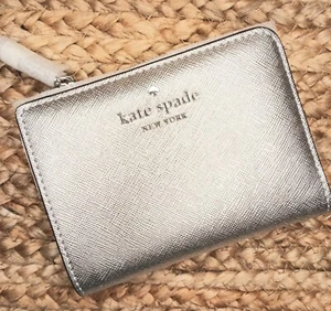 Kate Spade Wallet Silver Metallic Saffia Lunar Bifold Zip Around☆New w Tags - Picture 1 of 13