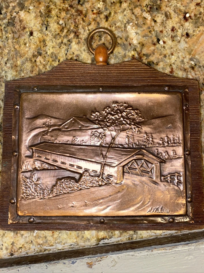 Signed A Nadeau Copper Embossed on Wood Wall Hangings QUEBEC covered Bridge - Image 1 of 4