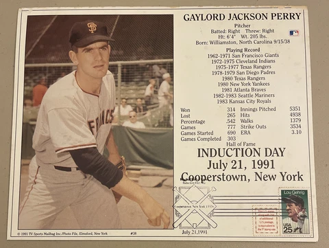 Gaylord Perry SF Giants ⚾️ Unsigned HOF Induction Day 8x10 Postcard W/ Gehrig Cover