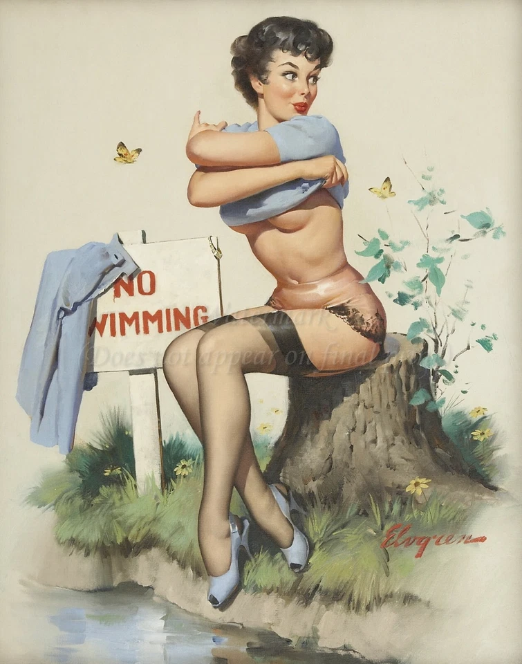GIL ELVGREN Pin-Up Art Poster or Canvas Print "Taking a Chance" No Swimming #130 - Image 1 of 1