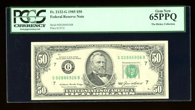 DBR 1985 $50 FRN Chicago Gem Fr. 2122-G PCGS 65 PPQ Serial G02886926B - Image 1 of 2