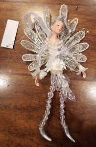 Fairy Pixie Doll Ornament White Silver Beaded Glitter Flower Wings Christmas - Imagen 1 de 4