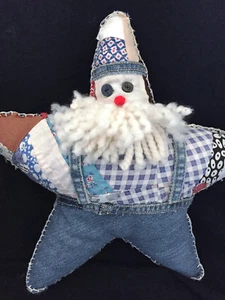 Handcrafted Vintage Quilt & Denim Santa Claus Star Christmas Cushion - Picture 1 of 5