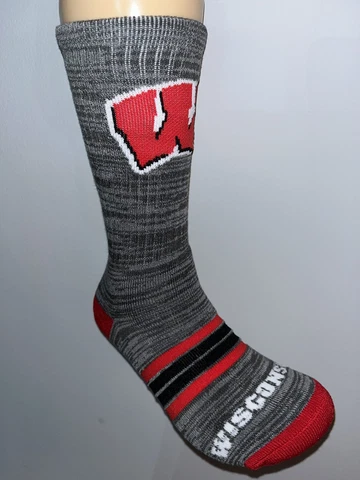 WISCONSIN BADGERS NCAA COLLEGE MENS VERTICAL LOGO CREW LENGTH SOCKS LARGE Q Cover