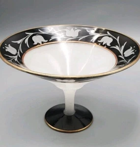 Art Deco Art Nouveau piedistallo bianco e nero vetro inciso composta ciotola bordo oro - Foto 1 di 11