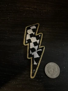 Lightning Bolt Iron On Patch Checkered Gold - Picture 1 of 1