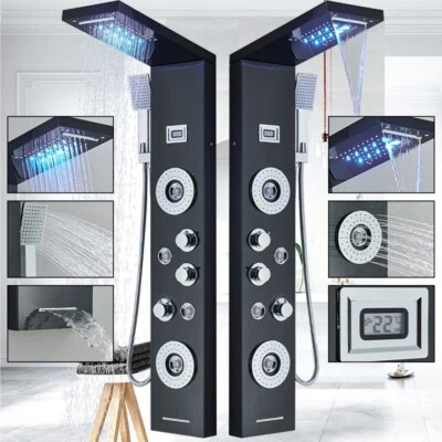 Pannello Colonna doccia idromassaggio LED nero acciaio inox miscelatore cascata - Immagine 1 di 4