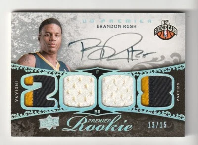 Parche de camiseta cuádruple Brandon Rush 2008 cubierta superior UD Premiere automático RPA PACERS #/15 Foto 1 de 2
