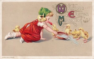 Welcome Easter Morning Little Girl Playing with Chicks Vintage Easter Postcard - Picture 1 of 2