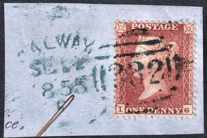 1855 C3 SG24 1d RED BROWN PLATE 5 SC P14 IRISH GALWAY SPOON IN BLUE ON PIECE IG - Picture 1 of 1