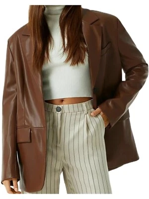 Leather Blazer Jacket Button Size Women Coat Women's Lambskin Vintage Brown 52 - Image 1 of 4