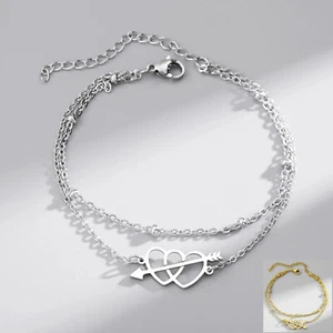 Bracciale a doppio catena acciaio inox freccia attraverso il cuore donna ragazza - Foto 1 di 6