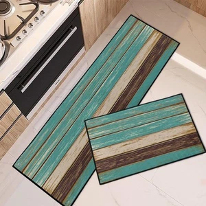Rustic Kitchen Rugs and Mats Non Skid Washable Set of 2, Teal Country Wood Bo... - Picture 1 of 7
