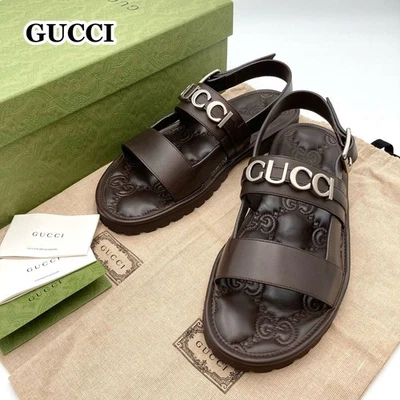 Sandalias Gucci Cuero Marrón GG Logo Repujado Plateado Metal Herrajes Talla 9 28 cm Foto 1 de 4