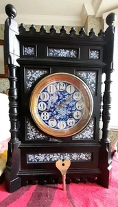 X Large Victorian Aesthetic Movement Blue and White Ceramic 8 Day Mantel Clock - Picture 1 of 9